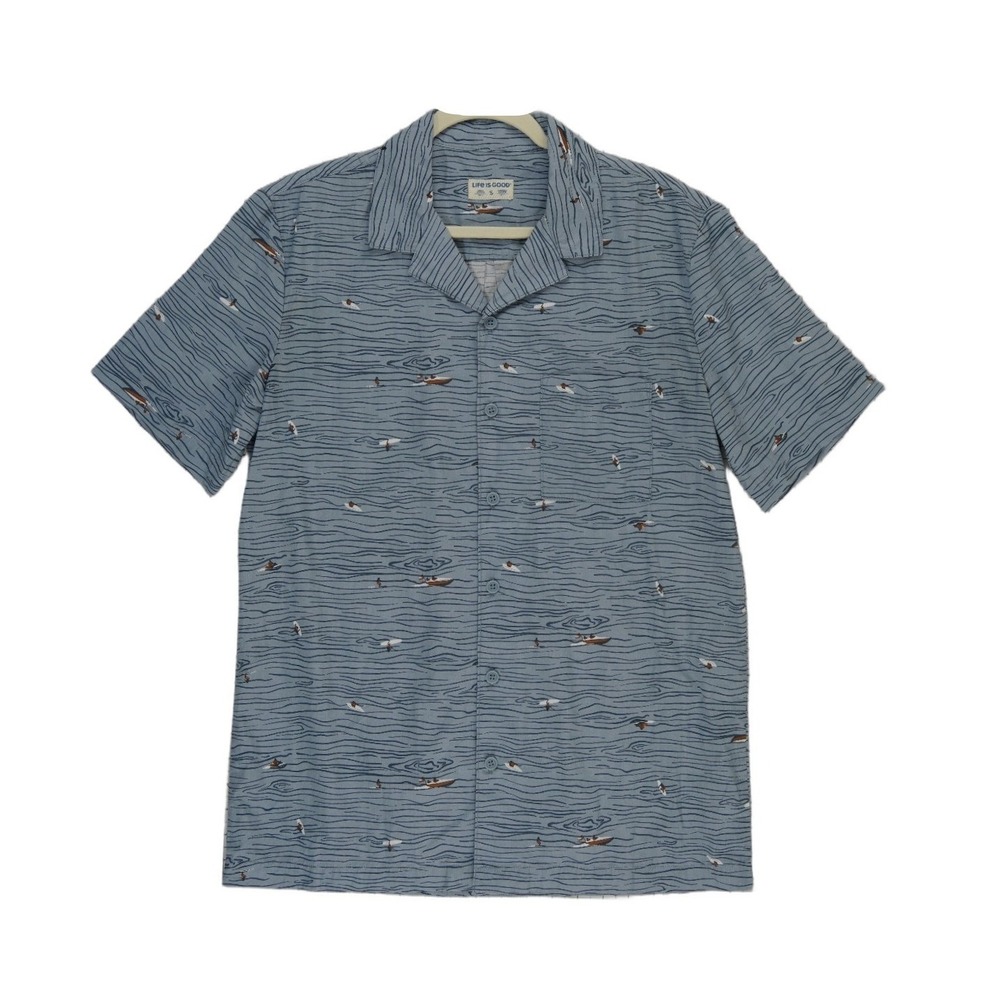 Life is Good Motor Boat Camp Shirt Mens Size Small Blue Short Sleeve 100% Cotton